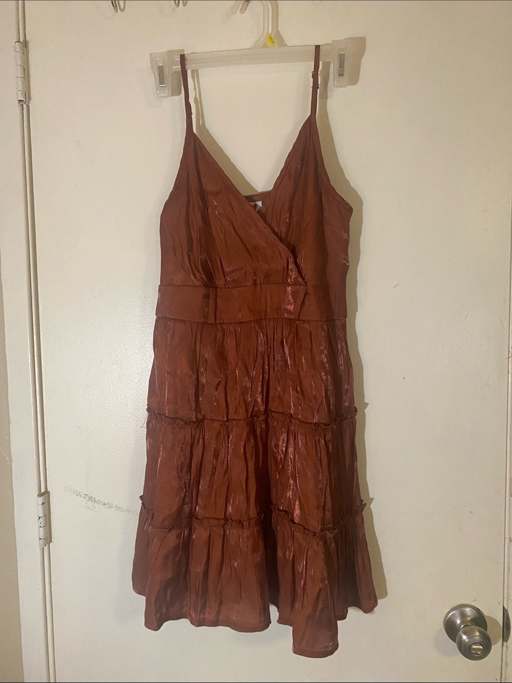 Tiered Spaghetti-Strap Midi Dress in Rust